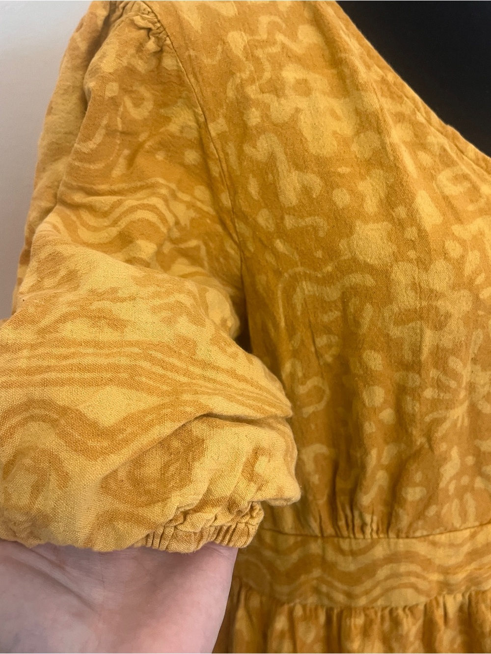 FabNu Mustard Yellow Cutout Midi Dress Puff Sleeve Boho Cottagecore Large Artsy - Picture 7 of 9